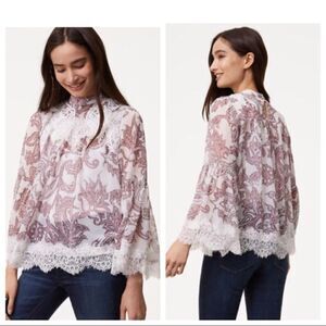 Loft Bell Sleeve Sheer Paisley Lace Blouse M NWT‎